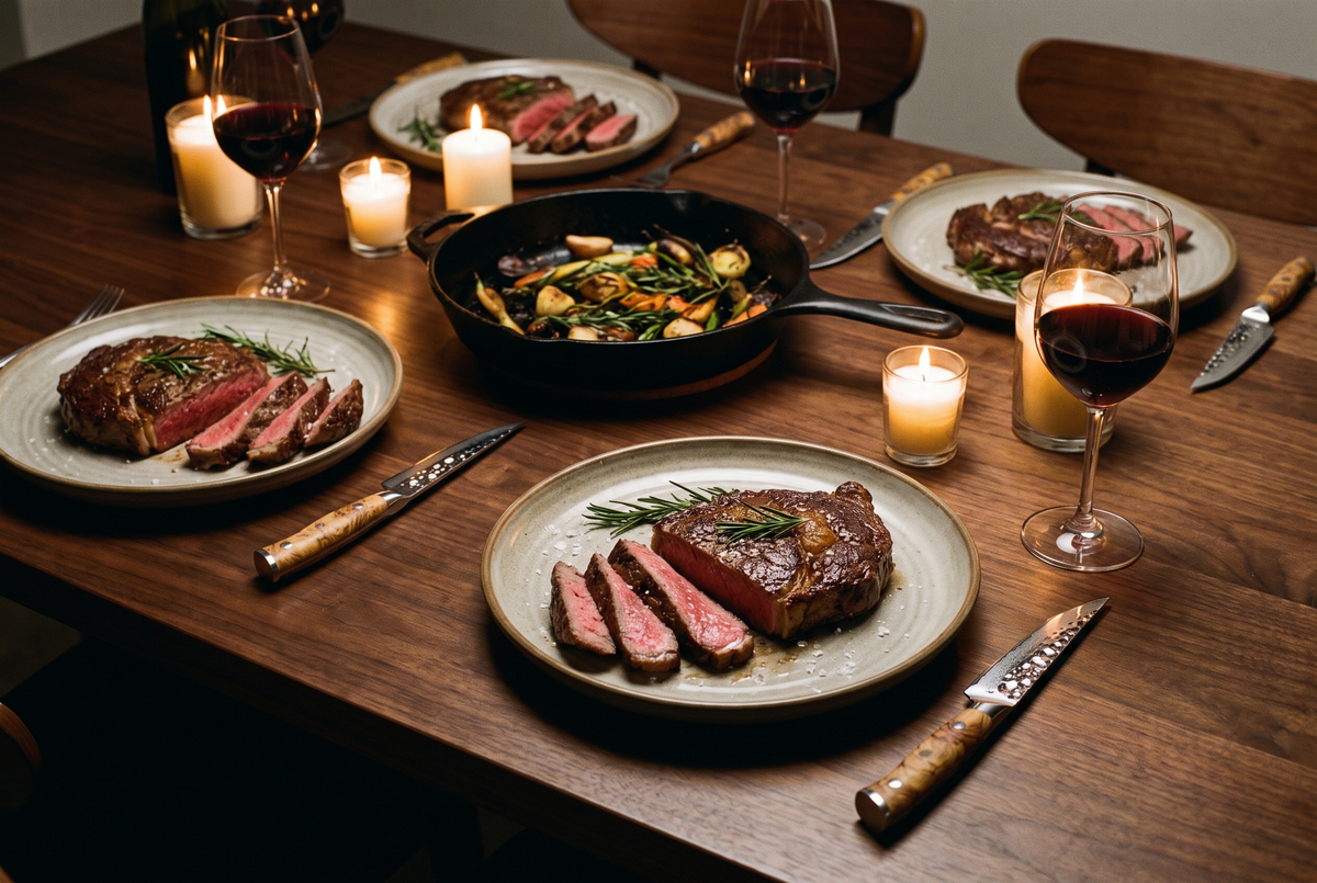 Steak night dinner table with sliced ribeyes and Silver Dynasty steak knives at each place setting