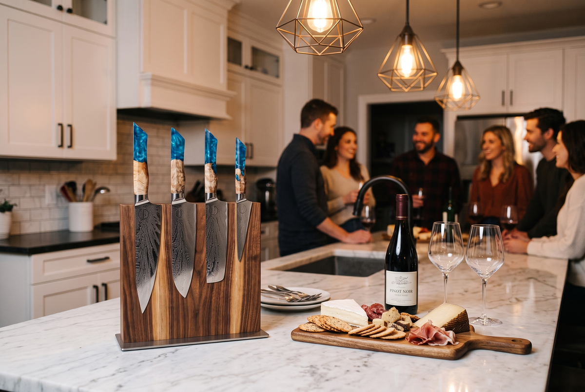 Feather Forge Sapphire knives on a display block on a marble kitchen island at a dinner party