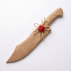 Premium Mystery Knife gift-wrapped in kraft paper with gold ribbon