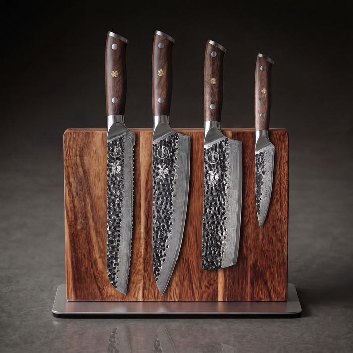 Damascus Dynasty Emperor's Throne Set: 8 inch bread, 8 inch chef, 7 inch nakiri and 4 inch paring knives on the acacia magnetic display block