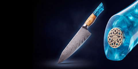 Feather Forge Sapphire chef knife floating on black