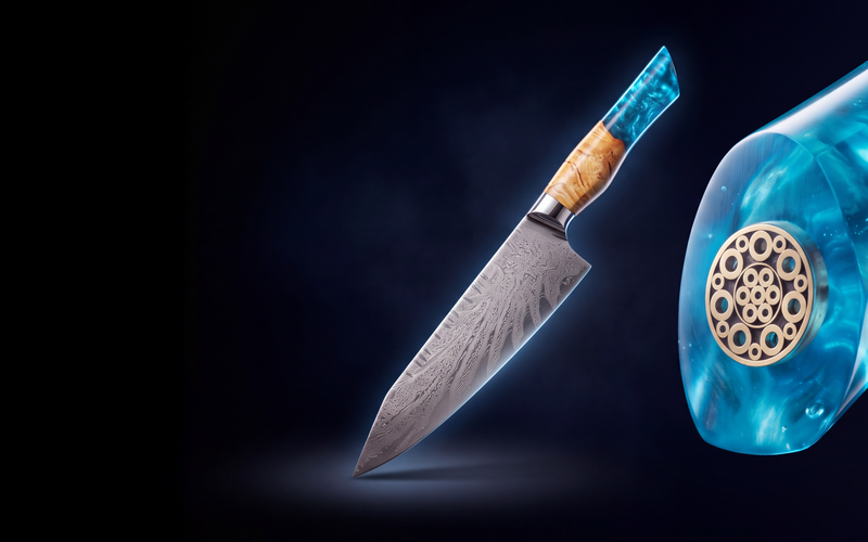 Feather Forge Sapphire chef knife floating on black