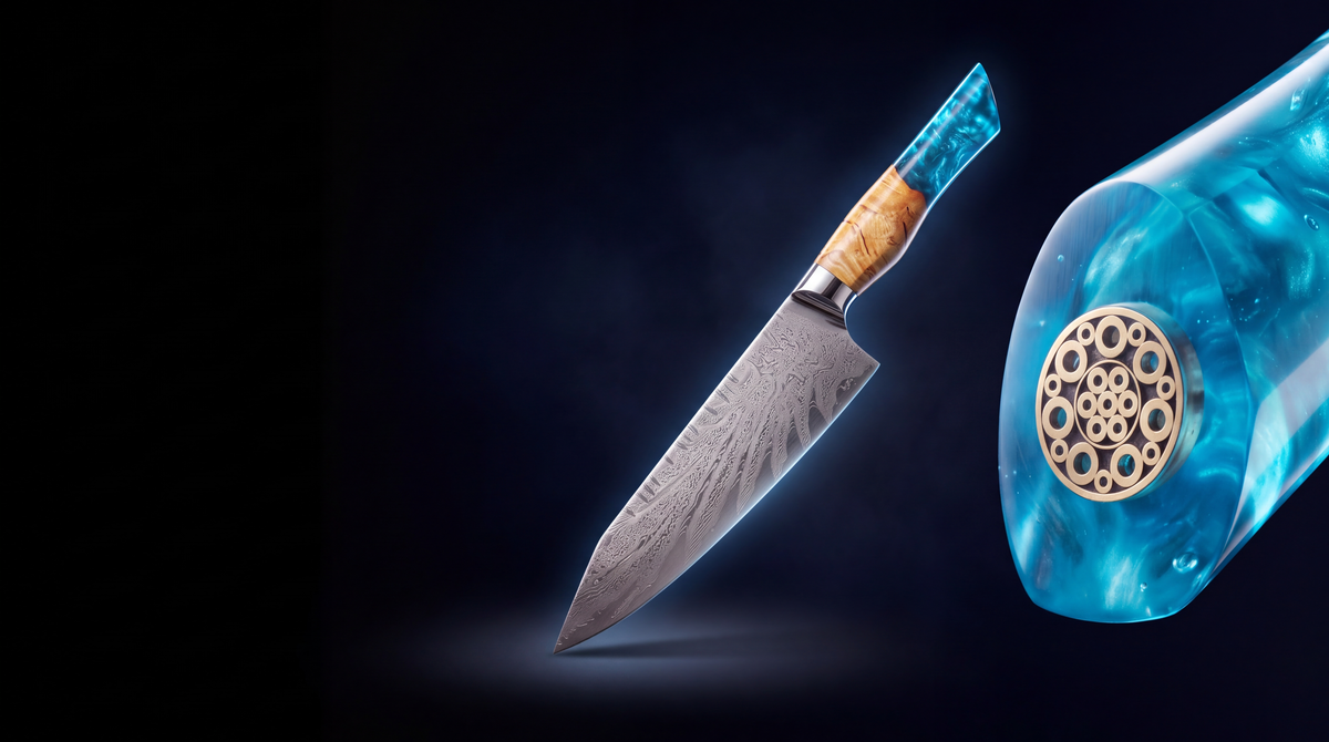 Feather Forge Sapphire chef knife floating on black