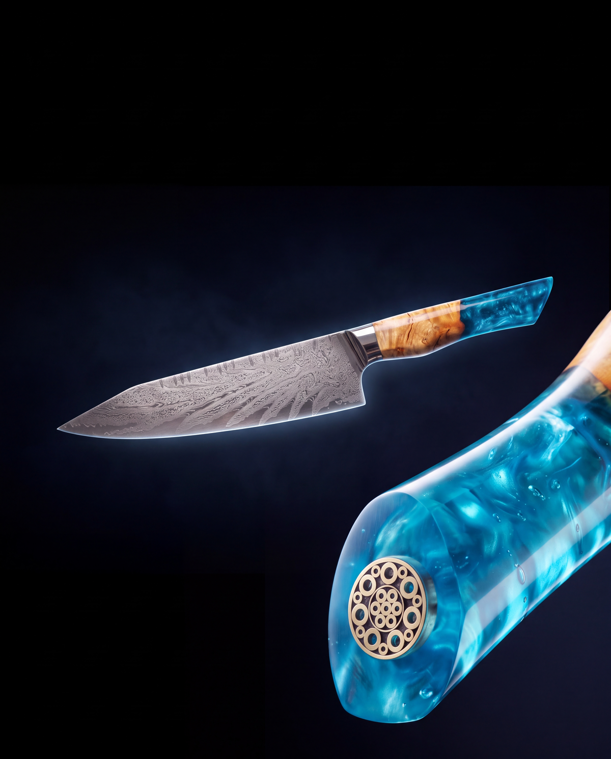 Feather Forge Sapphire chef knife floating on black